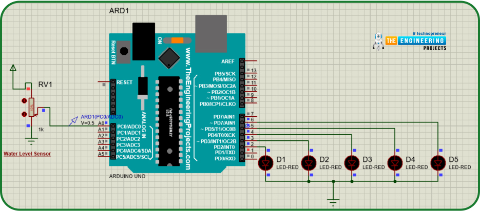 Water level indicator using arduino, water level indicator project, tank water level, water level project with arduino, proteus simulation of water level indicator, water level arduino project
