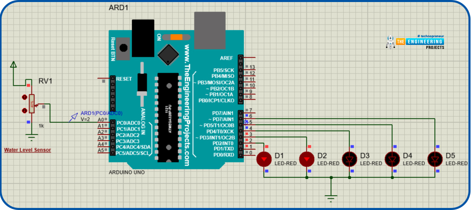 Water level indicator using arduino, water level indicator project, tank water level, water level project with arduino, proteus simulation of water level indicator, water level arduino project