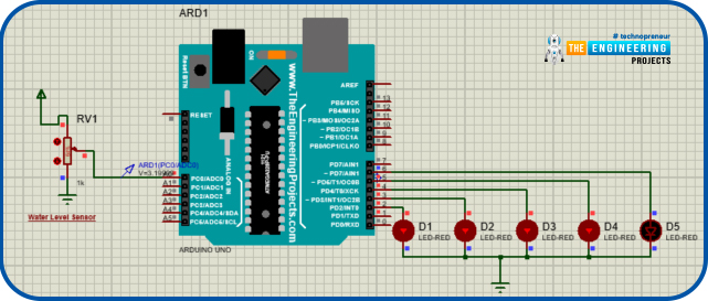 Water level indicator using arduino, water level indicator project, tank water level, water level project with arduino, proteus simulation of water level indicator, water level arduino project