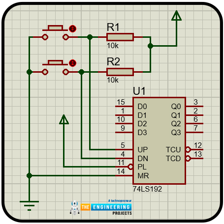 up down counter without microcontroller, up down counter with 74LS192, up down counter with 7447, up down counter without controller, up down counter with 7 segment display