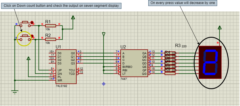 up down counter without microcontroller, up down counter with 74LS192, up down counter with 7447, up down counter without controller, up down counter with 7 segment display