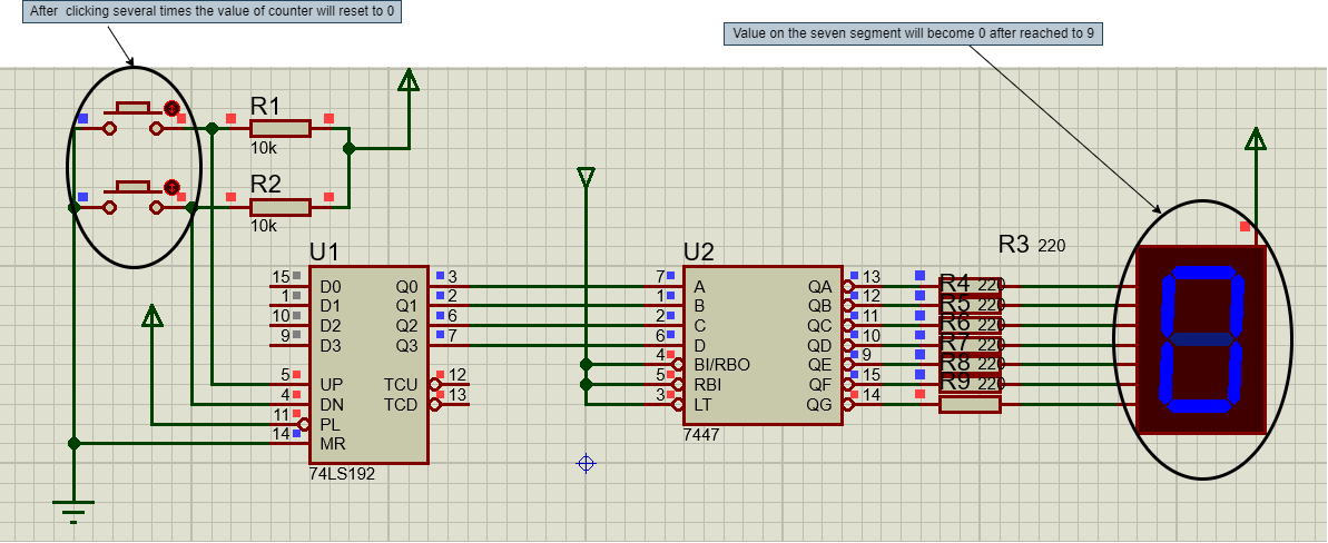 up down counter without microcontroller, up down counter with 74LS192, up down counter with 7447, up down counter without controller, up down counter with 7 segment display